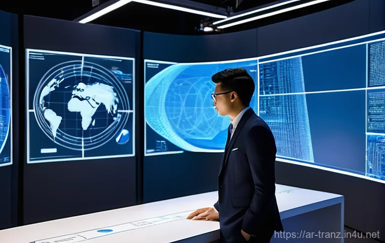 번역사의 미래 전망과 인공지능 번역 - **Prompt:** A contemplative male translator, in his 40s, with a wise and empathetic expression, is s...