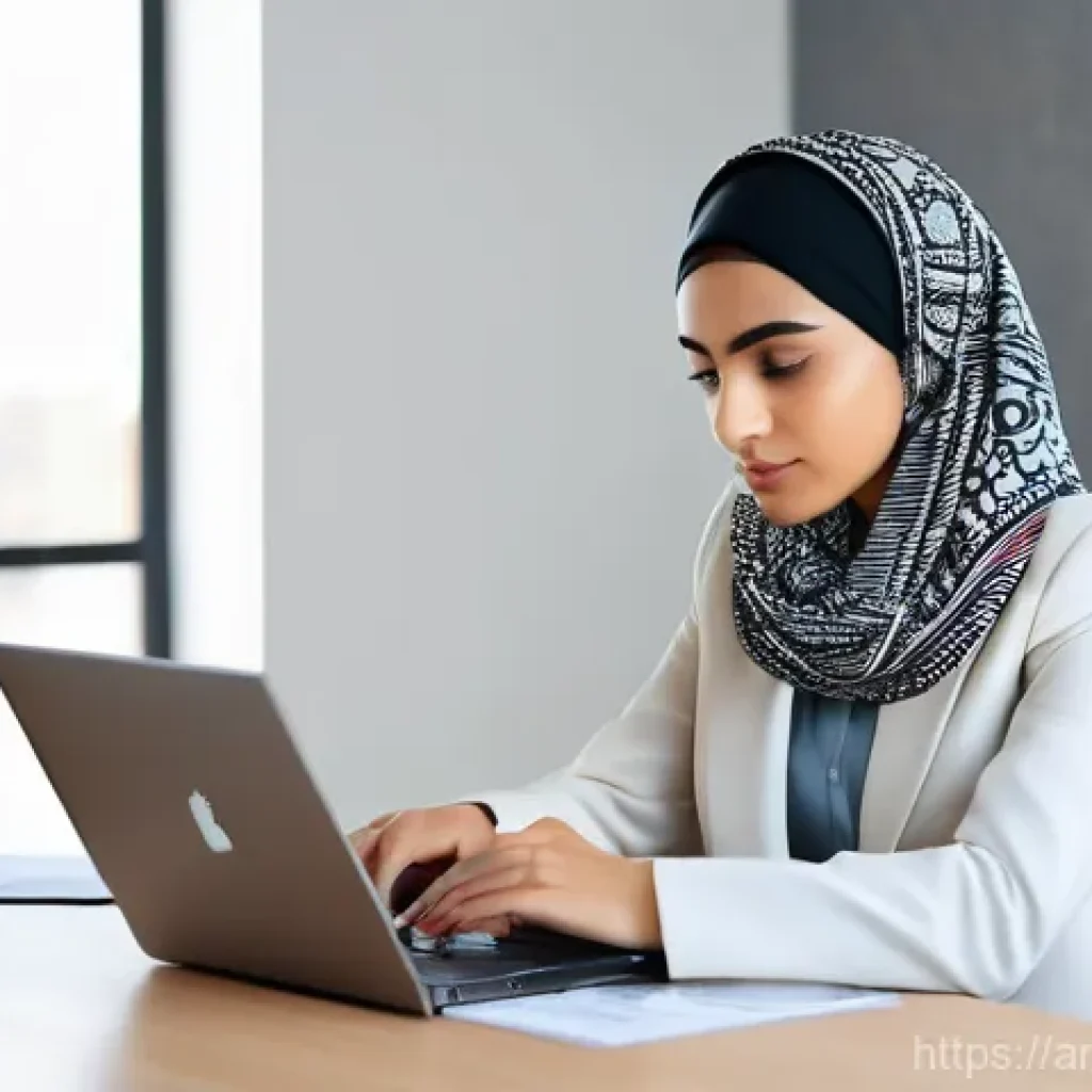 번역사와 고객의 계약 조건 협상 사례 - **Prompt:** A young Arab woman in her mid-20s, with a warm and intelligent expression, seated at a s...