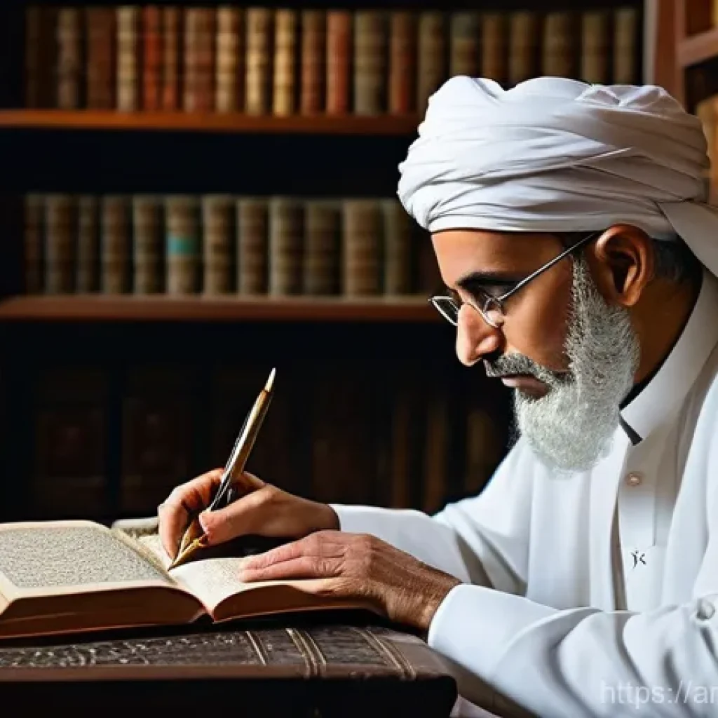 번역 이론과 실무의 차이 - An elderly, wise Arab scholar, with a neatly trimmed grey beard and wearing a pristine white thobe a...