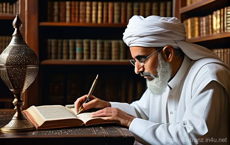 번역 이론과 실무의 차이 - An elderly, wise Arab scholar, with a neatly trimmed grey beard and wearing a pristine white thobe a...