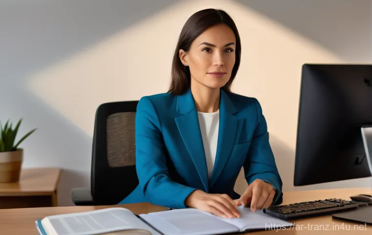 번역사로서의 해외 취업 전략 - A highly focused professional translator, a woman in her late 30s, wearing stylish yet understated b...