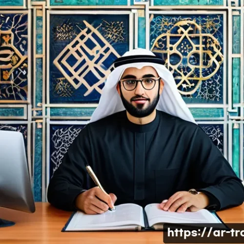 번역사 시장 트렌드 분석 - A modern professional Arabic translator working at a sleek desk in a well-lit office, using advanced...