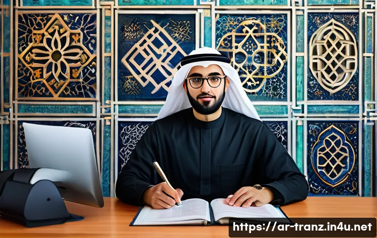 번역사 시장 트렌드 분석 - A modern professional Arabic translator working at a sleek desk in a well-lit office, using advanced...