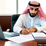 Home 17 번역사가 될 수 있는 최단 루트 - A professional Arab translator in a modern office setting, surrounded by books in Arabic and English...