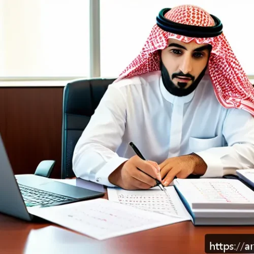 Home 29 번역사가 될 수 있는 최단 루트 - A professional Arab translator in a modern office setting, surrounded by books in Arabic and English...