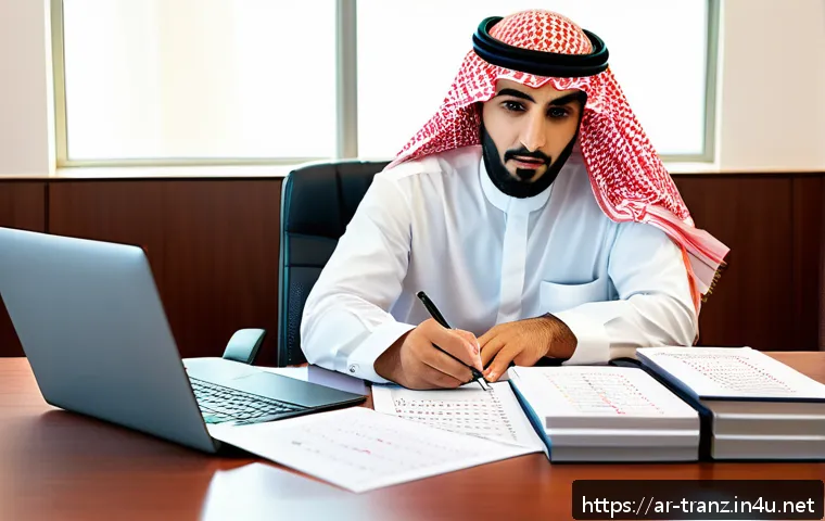 번역사가 될 수 있는 최단 루트 - A professional Arab translator in a modern office setting, surrounded by books in Arabic and English...