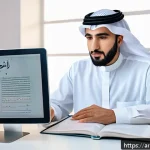 Home 16 번역사로 성공하기 위한 자기 개발 - A professional Arabic translator sitting at a modern desk with dual monitors displaying technical do...