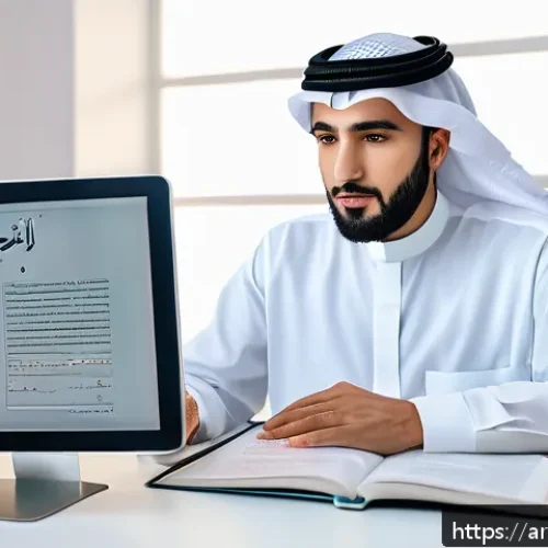 Home 28 번역사로 성공하기 위한 자기 개발 - A professional Arabic translator sitting at a modern desk with dual monitors displaying technical do...