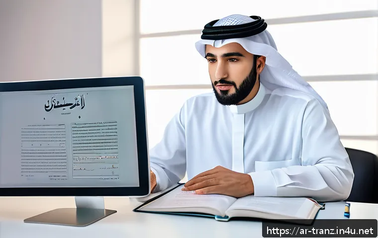 번역사로 성공하기 위한 자기 개발 - A professional Arabic translator sitting at a modern desk with dual monitors displaying technical do...