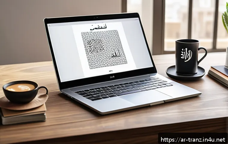번역사 온라인 포트폴리오 만들기 - A professional Arabic translator&rsquo;s digital portfolio displayed on a sleek laptop screen, showing a c...