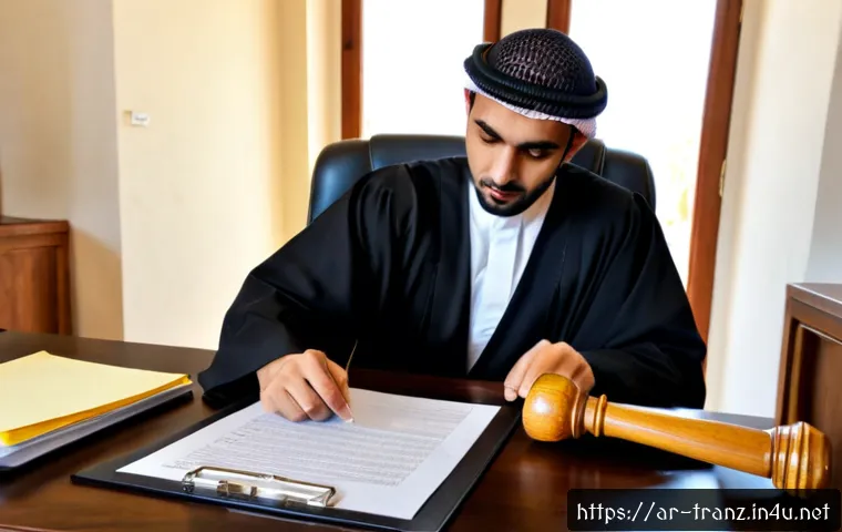Home 17 번역 분야별 법률 의료 IT 실무 팁 - Photorealistic legal translation workspace in a modern Middle Eastern office, Arab professional tran...