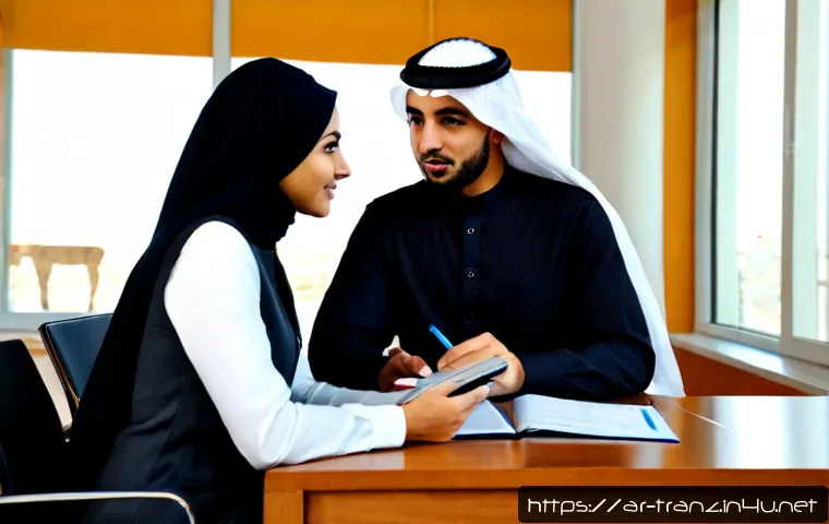 번역사와 클라이언트의 커뮤니케이션 노하우 - Photorealistic professional meeting between an Arabic-speaking client in modest business attire and ...