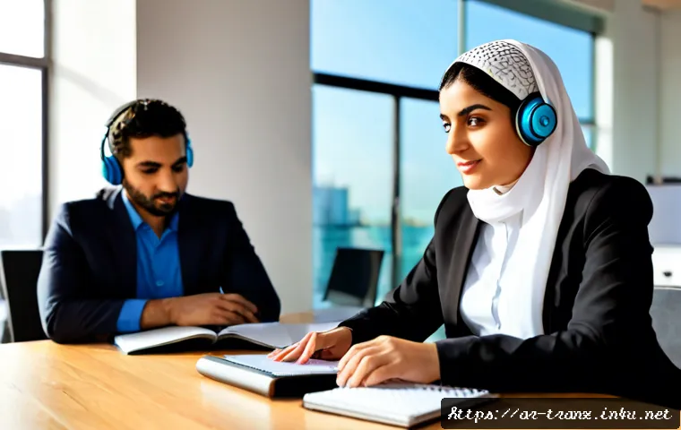 Home 17 번역사 경력 전환을 위한 성공 사례 - Photorealistic career-success scene of an Arab woman former translator in modest professional attire...